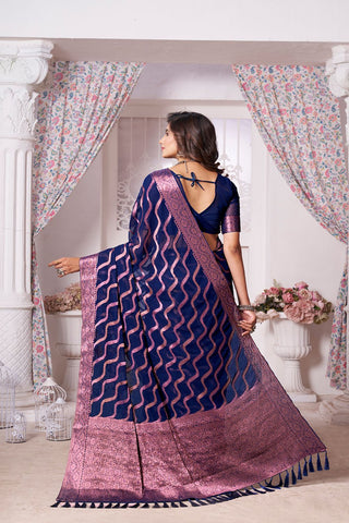 Navy Blue Handloom Weaving Silk With Zari Saree_Kumari Sarees