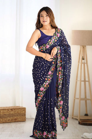 Navy Blue Soft Georgette Saree_Kumari Sarees