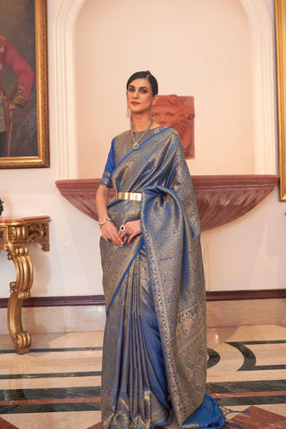 NAVY BLUE KANJEEVARAM HANDLOOM SILK SAREE 