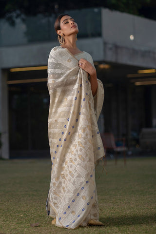 Navy Blue Mulmul Cotton & Jamadani Saree