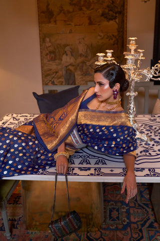 NAVY BLUE PURE KHADI COPPER ZARI WEAVING SAREE