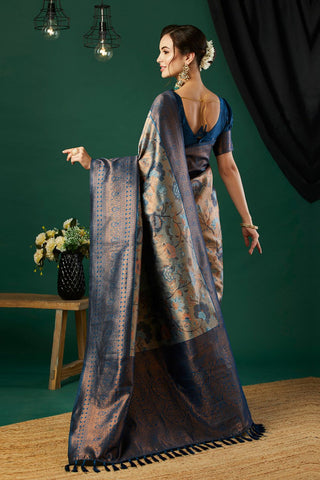Navy Blue Silk Handloom Weaving Saree_Kumari Sarees
