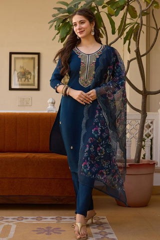 Navy Blue Viscose Chanderi Kurta Set_Kumari Sarees