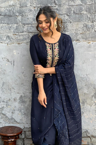 Navy Blue Viscose Chanderi Jacquard Embroidery Kurta Set_Kumari Sarees