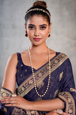 Navy Blue Pure Satin Silk Saree_Kumari Sarees