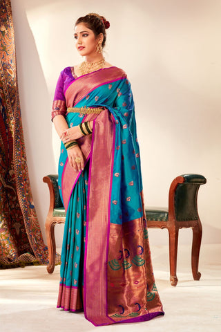 TEAL BLUE SOFT PESHWAI PAITHANI SILK SAREE