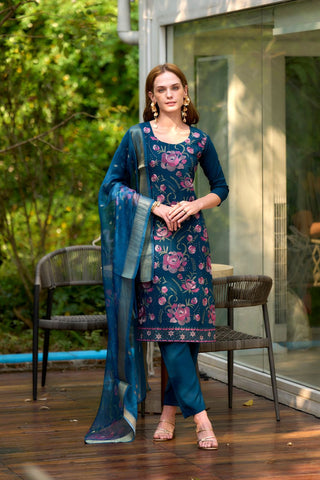 Navy Blue Rayon Organza Butti With Embroidery Kurta Set_Kumari Sarees