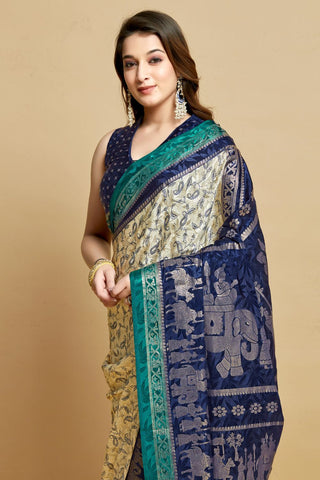 Navy Blue Jacquard Printed Saree