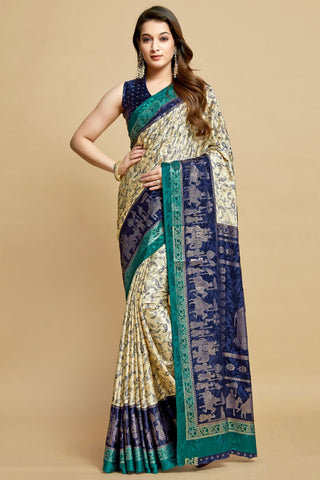 Navy Blue Jacquard Printed Saree