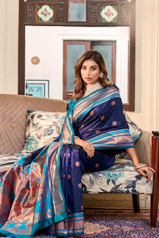 NAVY BLUE SOFT PESHWAI PAITHANI SILK SAREE