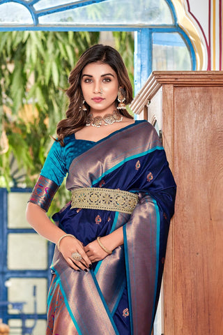 NAVY BLUE SOFT PESHWAI PAITHANI SILK SAREE