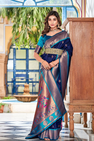 NAVY BLUE SOFT PESHWAI PAITHANI SILK SAREE