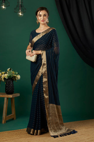Navy Blue Chiffon Silk Saree_Kumari Sarees