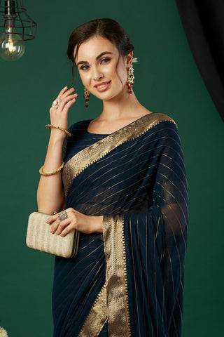 Navy Blue Chiffon Silk Saree_Kumari Sarees