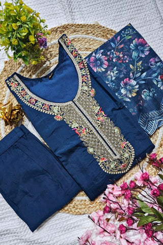 Navy Blue Viscose Chanderi Kurta Set_Kumari Sarees