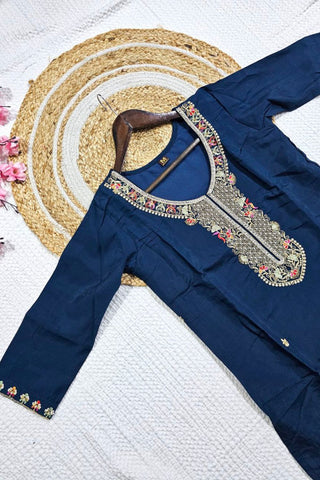 Navy Blue Viscose Chanderi Kurta Set_Kumari Sarees