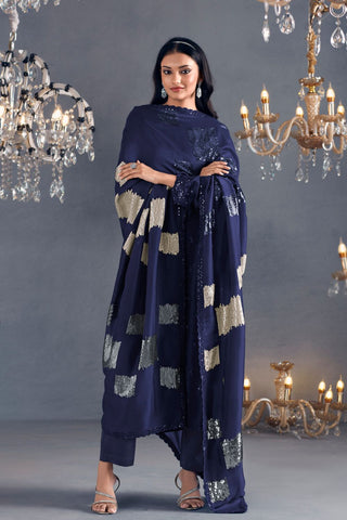 Navy Blue Pure Russian Silk Embroidery Kurta Set