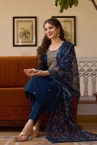 Navy Blue Viscose Chanderi Kurta Set_Kumari Sarees