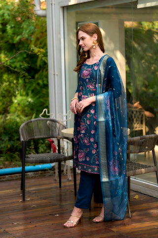 Navy Blue Rayon Organza Butti With Embroidery Kurta Set_Kumari Sarees