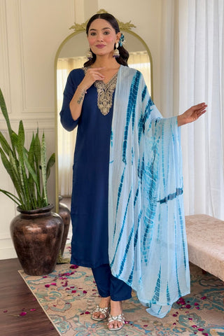 Navy Blue Viscose Slub Embroidery Kurta Set_Kumari Sarees