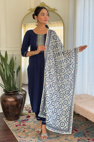 Navy Blue Reyon Muslin With Embroidery Kurta Set_Kumari Sarees