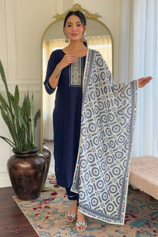 Navy Blue Reyon Muslin With Embroidery Kurta Set_Kumari Sarees