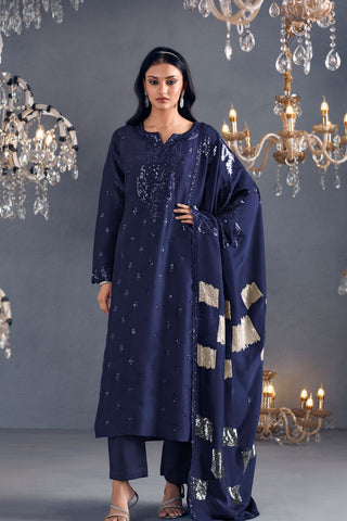 Navy Blue Pure Russian Silk Embroidery Kurta Set