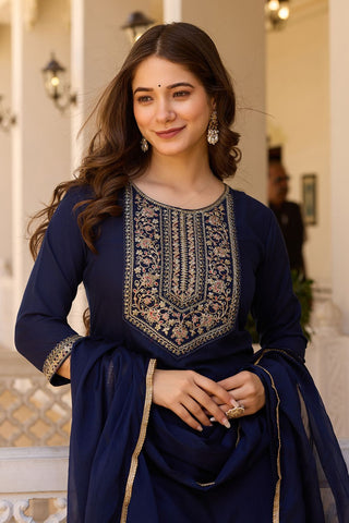Navy Blue Reyon Chinon With Embroidery Kurta Set_Kumari Sarees