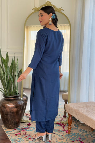 Navy Blue Viscose Slub Embroidery Kurta Set_Kumari Sarees