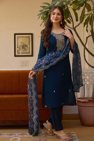 Navy Blue Viscose Chanderi Kurta Set_Kumari Sarees