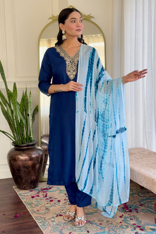 Navy Blue Viscose Slub Embroidery Kurta Set_Kumari Sarees
