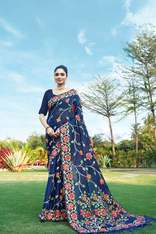 Navy Blue Soft Cotton Jamdani Floral Saree