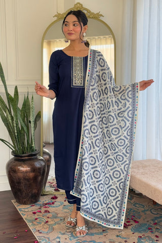 Navy Blue Reyon Muslin With Embroidery Kurta Set_Kumari Sarees