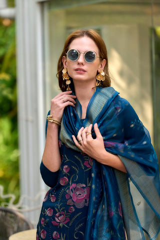 Navy Blue Rayon Organza Butti With Embroidery Kurta Set_Kumari Sarees