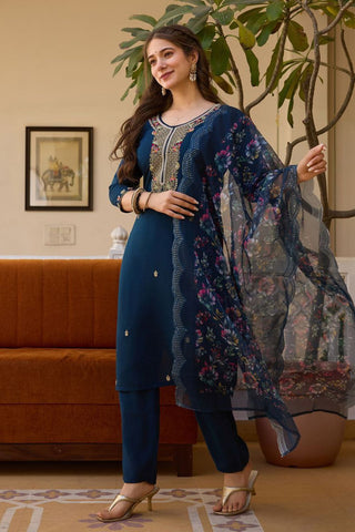 Navy Blue Viscose Chanderi Kurta Set_Kumari Sarees