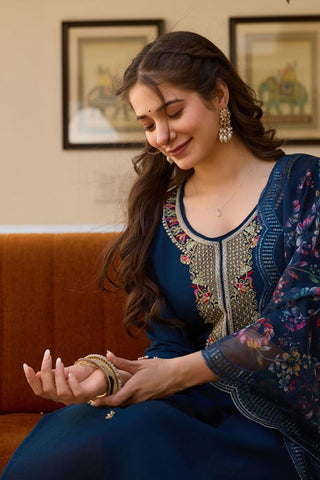 Navy Blue Viscose Chanderi Kurta Set_Kumari Sarees