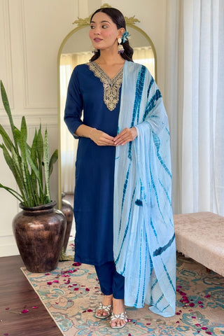 Navy Blue Viscose Slub Embroidery Kurta Set_Kumari Sarees