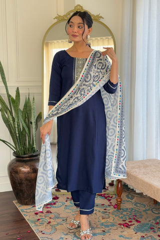 Navy Blue Reyon Muslin With Embroidery Kurta Set_Kumari Sarees