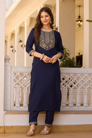 Navy Blue Reyon Chinon With Embroidery Kurta Set_Kumari Sarees
