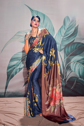 Navy Blue Satin Crepe With Digital Print Saree