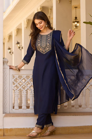 Navy Blue Reyon Chinon With Embroidery Kurta Set_Kumari Sarees