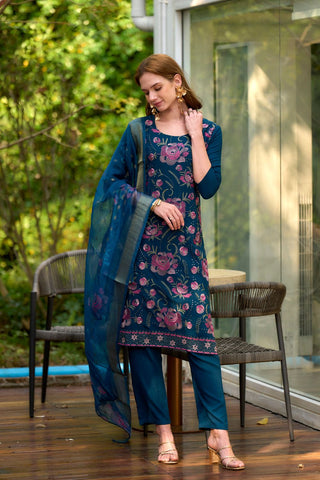 Navy Blue Rayon Organza Butti With Embroidery Kurta Set_Kumari Sarees
