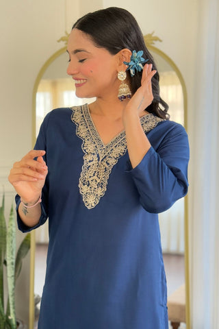 Navy Blue Viscose Slub Embroidery Kurta Set_Kumari Sarees