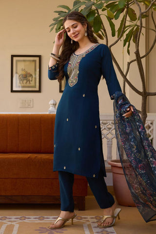 Navy Blue Viscose Chanderi Kurta Set_Kumari Sarees