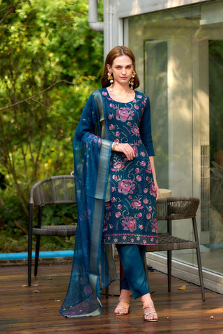 Navy Blue Rayon Organza Butti With Embroidery Kurta Set_Kumari Sarees