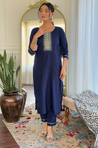 Navy Blue Reyon Muslin With Embroidery Kurta Set_Kumari Sarees