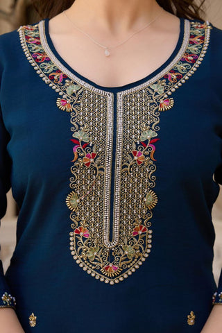 Navy Blue Viscose Chanderi Kurta Set_Kumari Sarees