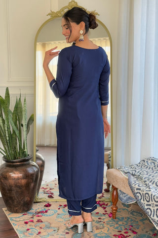 Navy Blue Reyon Muslin With Embroidery Kurta Set_Kumari Sarees