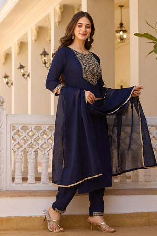 Navy Blue Reyon Chinon With Embroidery Kurta Set_Kumari Sarees