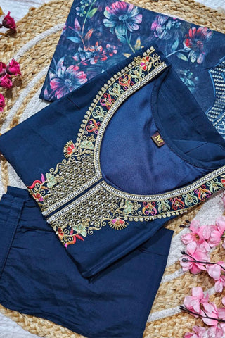 Navy Blue Viscose Chanderi Kurta Set_Kumari Sarees